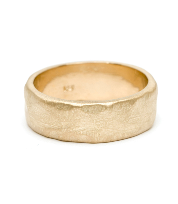 Natural Organic Masculine Raw 7mm Textured Gold Mens Wedding Band designed by Sofia Kaman handmade in Los Angeles using our SKFJ ethical jewelry process.