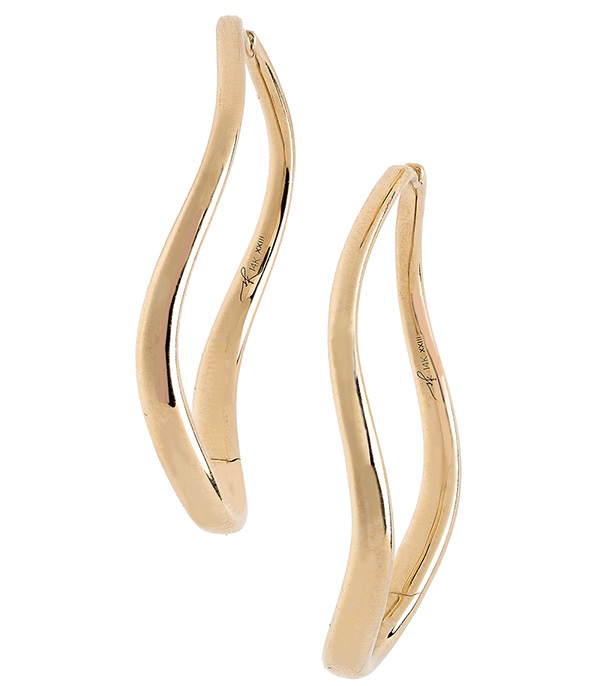 14K Yellow Gold Large Melt Hoop Earrings for Unique Engagement Rings designed by Sofia Kaman handmade in Los Angeles using our SKFJ ethical jewelry process.