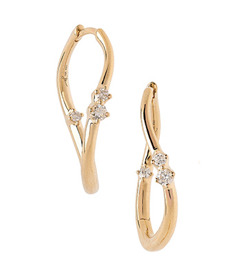 14K Yellow Gold Medium Melt Hoop Earrings with Scattered Diamonds for Unique Engagement Rings designed by Sofia Kaman handmade in Los Angeles