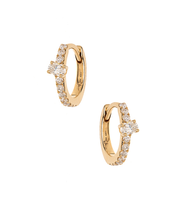 14 Karat Gold Diamond Huggie Hoop Earrings for Unique Engagement Rings designed by Sofia Kaman handmade in Los Angeles using our SKFJ ethical jewelry process.