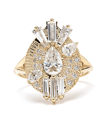 14 Karat Pear Shaped Diamond Unique Engagement Rings designed by Sofia Kaman handmade in Los Angeles