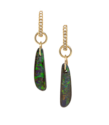 Boulder Opal and Diamond Hoop Earrings designed by Sofia Kaman handmade in Los Angeles
