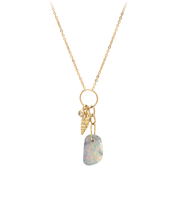 Boulder Opal Seashell Diamond Pod Mini Charm Boho Necklace designed by Sofia Kaman handmade in Los Angeles using our SKFJ ethical jewelry process. This piece has been sold and is in the SK Archive.