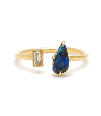 Beachy Boho Adjustable Gold Diamond Opal Ocean Inspired Stacking Ring designed by Sofia Kaman handmade in Los Angeles