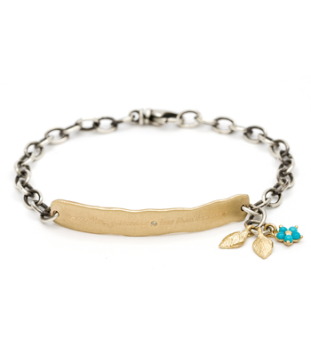 Matte Gold ID Tag Bracelet with Dangling Leaves and Turquoise Flower designed by Sofia Kaman handmade in Los Angeles