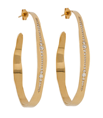 Large 14K Gold Diamond Stripe Torn Paper Hoop Earrings for 3 Carat Diamond Rings designed by Sofia Kaman handmade in Los Angeles