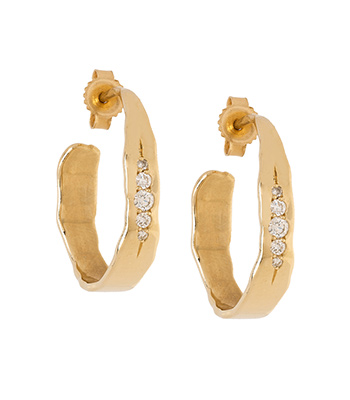 14K Gold Small Hoop Earrings with 5 Diamond Line for Engagement Rings for Women designed by Sofia Kaman handmade in Los Angeles