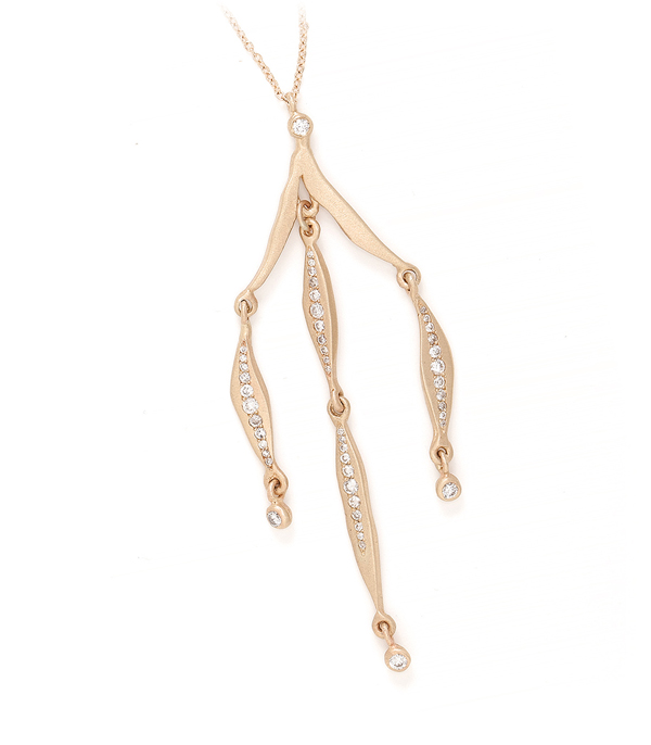 18 Inch Gold Cascading Leaf Dangling Diamond Pod Pendant Necklace