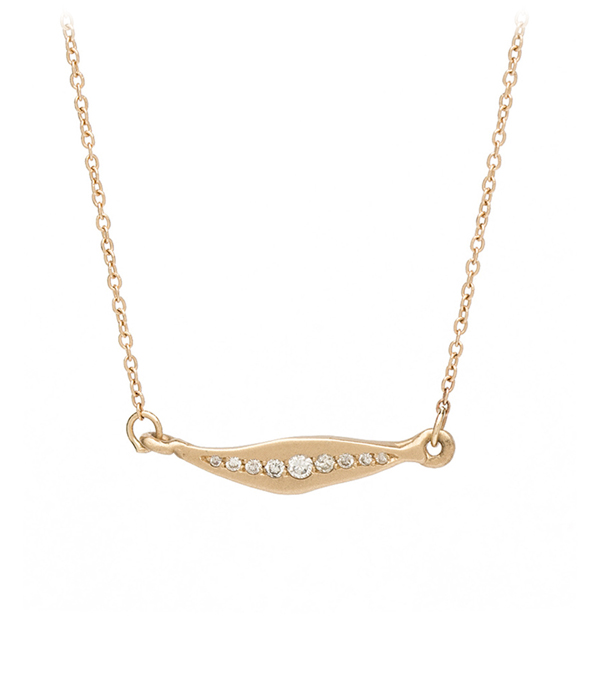 Gold Sideways Leaf Diamond Pave Necklace.