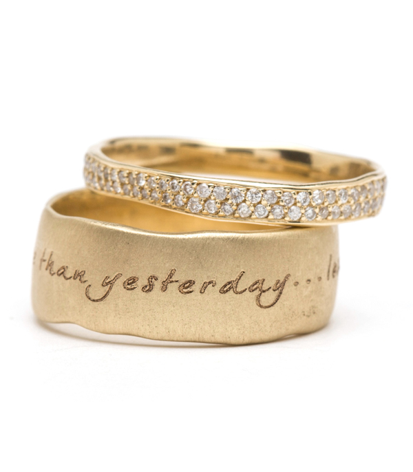 Gold Torn Paper Wedding Band With Pave Diamonds 3mm