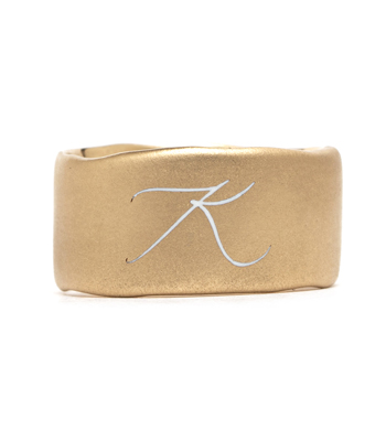 14K Gold Torn Paper Edge Wide Band Enamel Initial Unique Wedding Band designed by Sofia Kaman handmade in Los Angeles