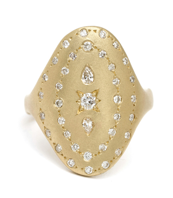 14K Gold Bohemian Diamond Oval Shield Signet Ring designed by Sofia Kaman handmade in Los Angeles