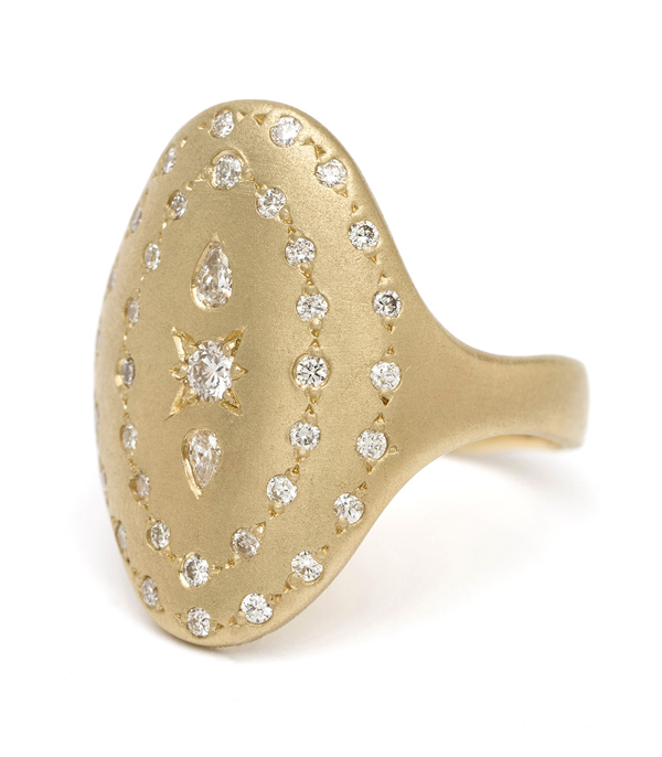 14k Gold Oval Shield Bohemian Diamond Signet Ring