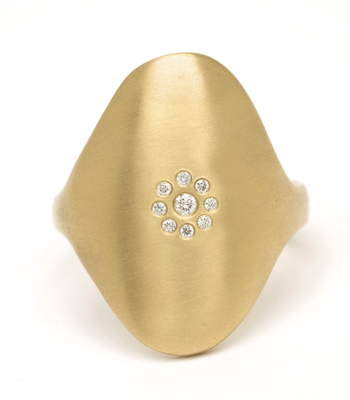 14K Gold Oval Shield Diamond Cluster Signet Ring designed by Sofia Kaman handmade in Los Angeles