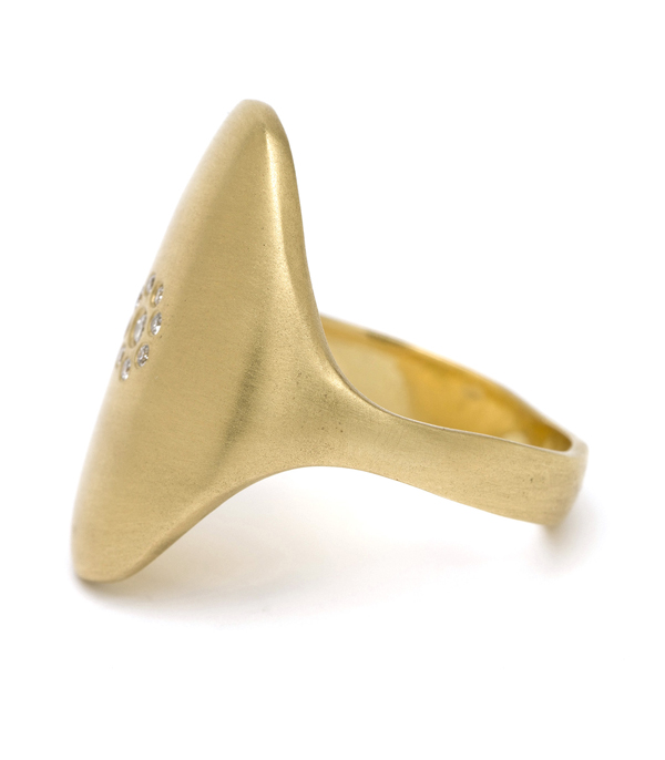 14k Gold Oval Shield Diamond Cluster Signet Ring