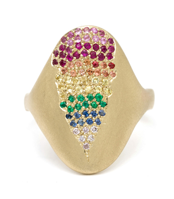 14K Gold Oval Shield Rainbow Sapphire Emerald Diamond Bohemian Statement Ring designed by Sofia Kaman handmade in Los Angeles
