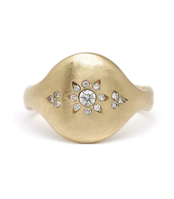 Shield Rings 14k Matte Gold Bohemian Diamond Cluster Shield Ring designed by Sofia Kaman handmade in Los Angeles