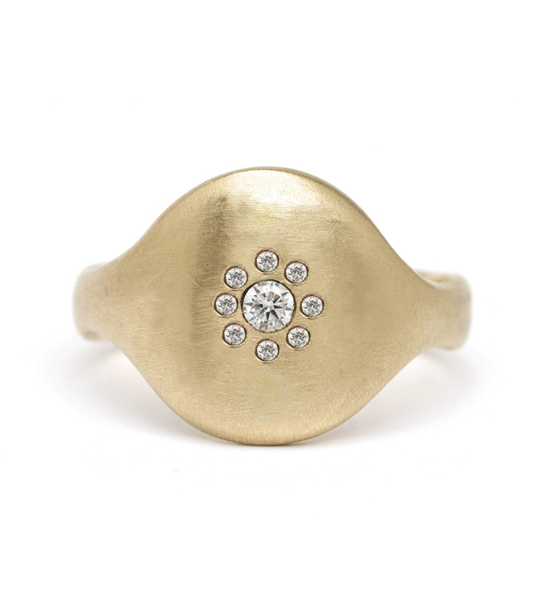 14k Matte Gold Diamond Cluster Round Shield Ring designed by Sofia Kaman handmade in Los Angeles using our SKFJ ethical jewelry process.