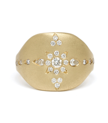 14k Gold Bohemian Pattern Diamond Shield Signet Ring designed by Sofia Kaman handmade in Los Angeles