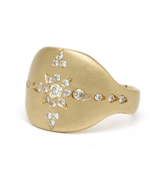 14k Gold Bohemian Diamond Shield Signet Ring