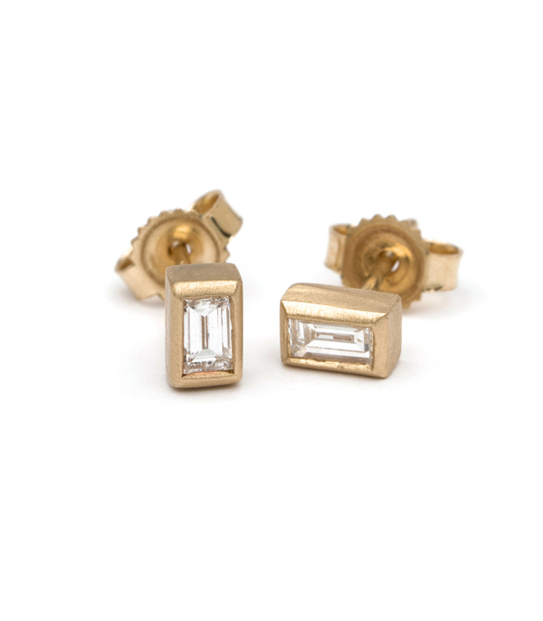 14k Matte Gold Baguette Diamond Stud Earrings