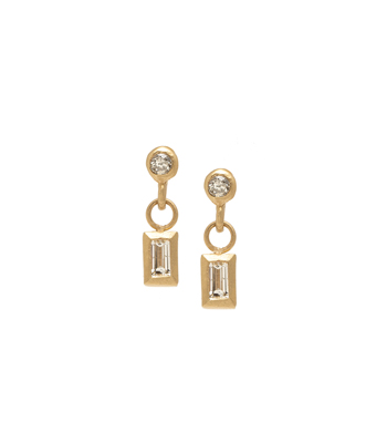 Tiny Gold Baguette Diamond Dangle Pod Earrings for Unique Engagement Rings designed by Sofia Kaman handmade in Los Angeles