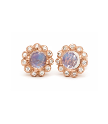 Gold Bubble Diamond Halo Moonstone Bohemian Stud Earrings designed by Sofia Kaman handmade in Los Angeles