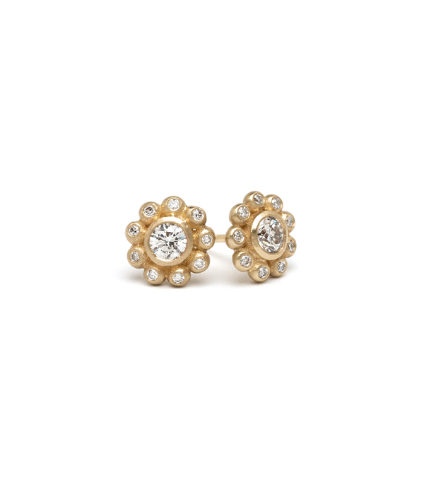 10K Yellow Gold Chocolate Brown Diamond Earrings Flower Cluster Dangles .31ct