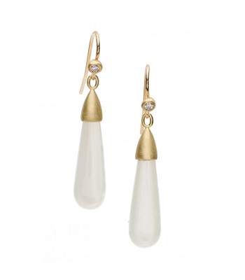 Classic Gold Diamond Pod Moonstone Gem Drop Earrings designed by Sofia Kaman handmade in Los Angeles