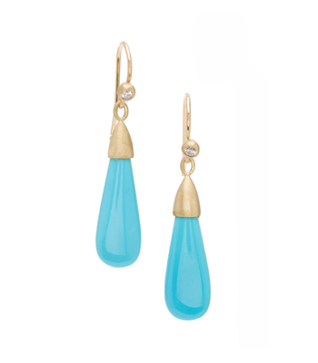 Classic Gold Diamond Pod Turquoise Gem Drop Earrings designed by Sofia Kaman handmade in Los Angeles