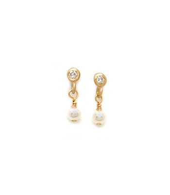 Tiny Pearl Diamond Drop Bridal Earrings for Boho Engagement Rings designed by Sofia Kaman handmade in Los Angeles