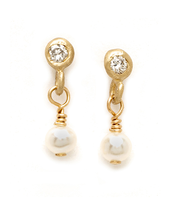 Tiny Pearl Diamond Drop Bridal Earrings for Boho Engagement Rings designed by Sofia Kaman handmade in Los Angeles using our SKFJ ethical jewelry process.