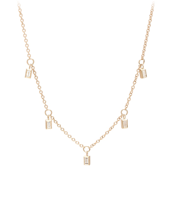 20 Inch Gold Chain 5 Dangling Bezel Set Baguette Diamond Boho Bridal Necklace that is sophisticated enough to go with most Engagement Ring Styles designed by Sofia Kaman handmade in Los Angeles