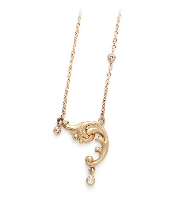 Small Diamond Accented Gold French Scroll With Diamond Pod Dangle Necklace