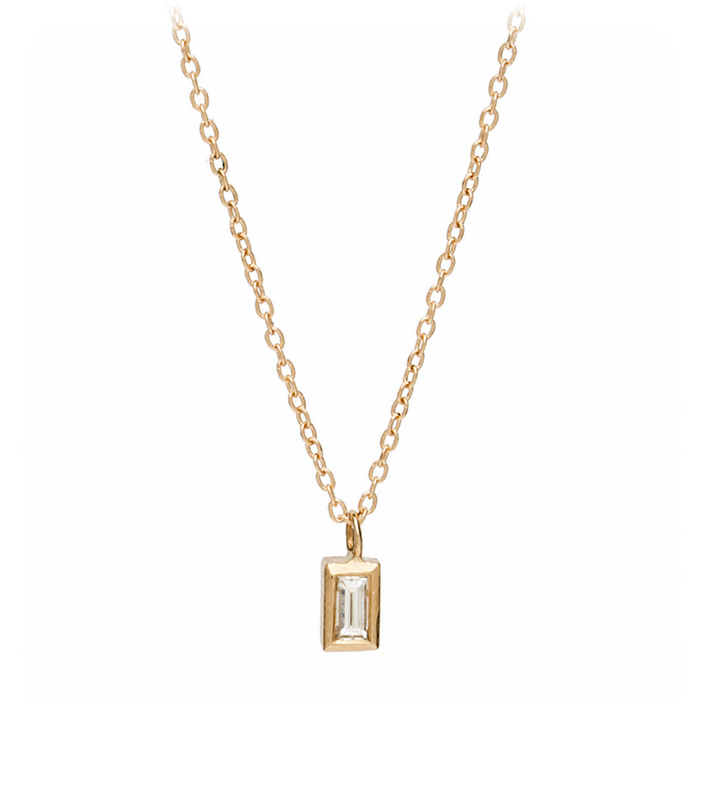 Baguette Diamond Bezel set Necklace 14k Yellow Gold Tiny Pendant Chain Necklace Handmade jewelry