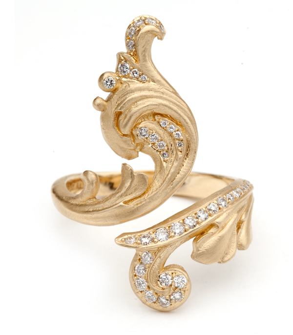 Gold French Scroll Pave Diamond Statement Ring