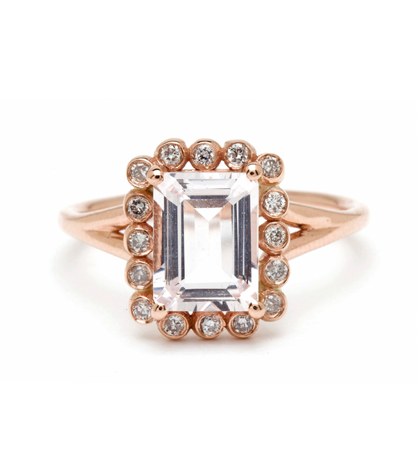 Emerald Cut Pink Morganite Bohemian Engagement Ring designed by Sofia Kaman handmade in Los Angeles using our SKFJ ethical jewelry process.