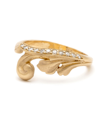 14K Matte Gold Diamond Scrolling Fleur Stacking Band designed by Sofia Kaman handmade in Los Angeles