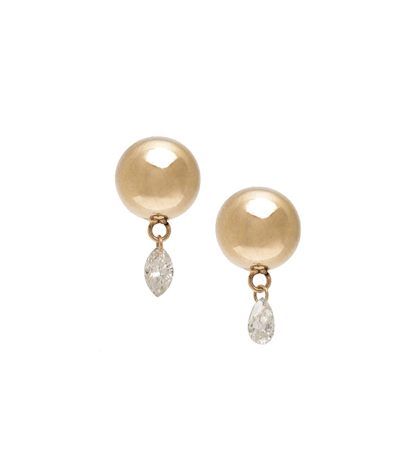 Gold Ball Earrings With Dangling Diamonds