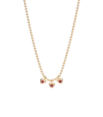 14K Gold Ball and Chain Necklace with 3 Rubies in Heart Shape Charm Perfect for Engagement Rings for Women designed by Sofia Kaman handmade in Los Angeles