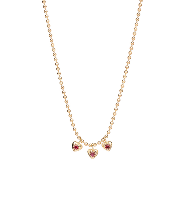 14K Gold Ball and Chain Necklace with 3 Rubies in Heart Shape Charm Perfect for Engagement Rings for Women designed by Sofia Kaman handmade in Los Angeles using our SKFJ ethical jewelry process.