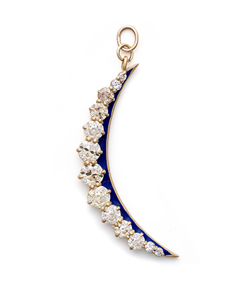 18K Gold Victorian Era Vintag Blue Enamel Diamond Crescent Moon Pendant for Christmas Gift for Mom designed by Sofia Kaman handmade in Los Angeles