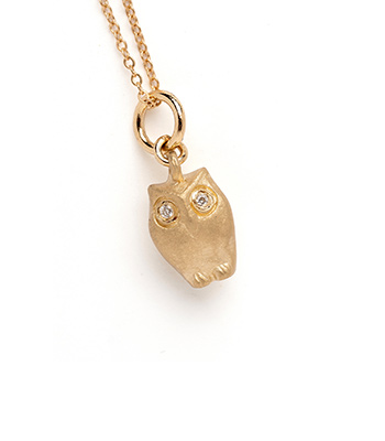 14K Gold Owl Charm Pendant with Diamonds for Eyes is the Perfect gift for Graduation designed by Sofia Kaman handmade in Los Angeles