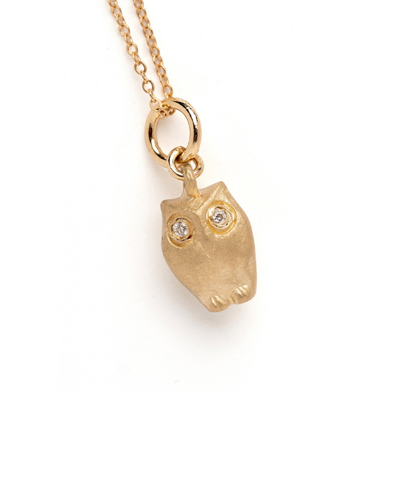 14K Gold Owl Charm Pendant with Diamonds for Eyes is the Perfect gift for Graduation designed by Sofia Kaman handmade in Los Angeles using our SKFJ ethical jewelry process.