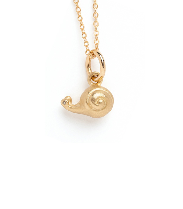 14K Gold Snail Charm Pendant with Diamonds for Eyes Perfect Gift for Graduation designed by Sofia Kaman handmade in Los Angeles using our SKFJ ethical jewelry process.