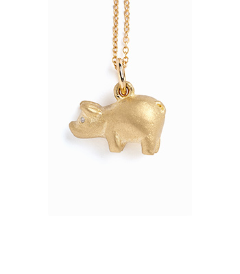 14k Gold Piggy Good Luck Charm Pendant for Graduation Necklace Present designed by Sofia Kaman handmade in Los Angeles