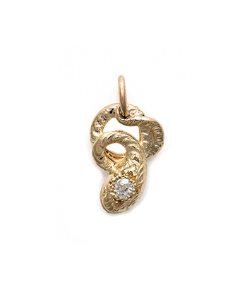 14K Gold Victorian Era Vintage Inspired Snake Charm with Diamond for Eyes Makes a Great Gift for Graduates and Daughters and Moms and Wife designed by Sofia Kaman handmade in Los Angeles