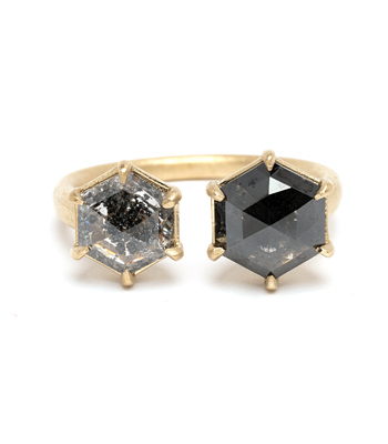 Hexagon Engagement Rings 14K Matte Yellow Gold Two Stone Black Diamond and Salt and Pepper Diamond Unique Engagement Rings designed by Sofia Kaman handmade in Los Angeles