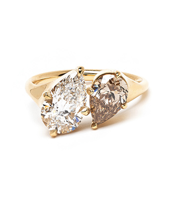 18K Gold Two Stone Pear Shape Diamond Engagement Rings for Women designed by Sofia Kaman handmade in Los Angeles