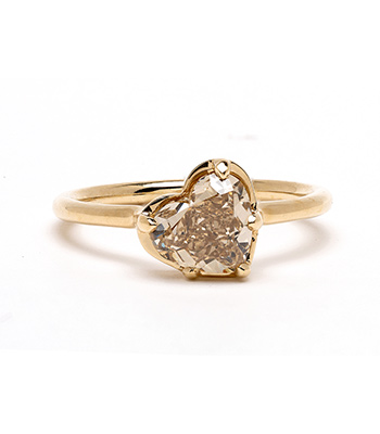 18k Yellow Gold Heart Shaped Diamond Engagement Ring with Champagne Diamond Example of Unique Engagement Rings and a Perfect Engagement Ring for Women designed by Sofia Kaman handmade in Los Angeles